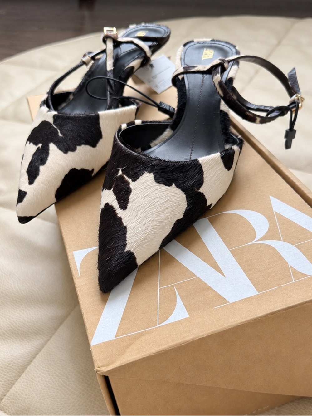 Zara - Pointed Cowprint Leather Slingback Heels - Black & White